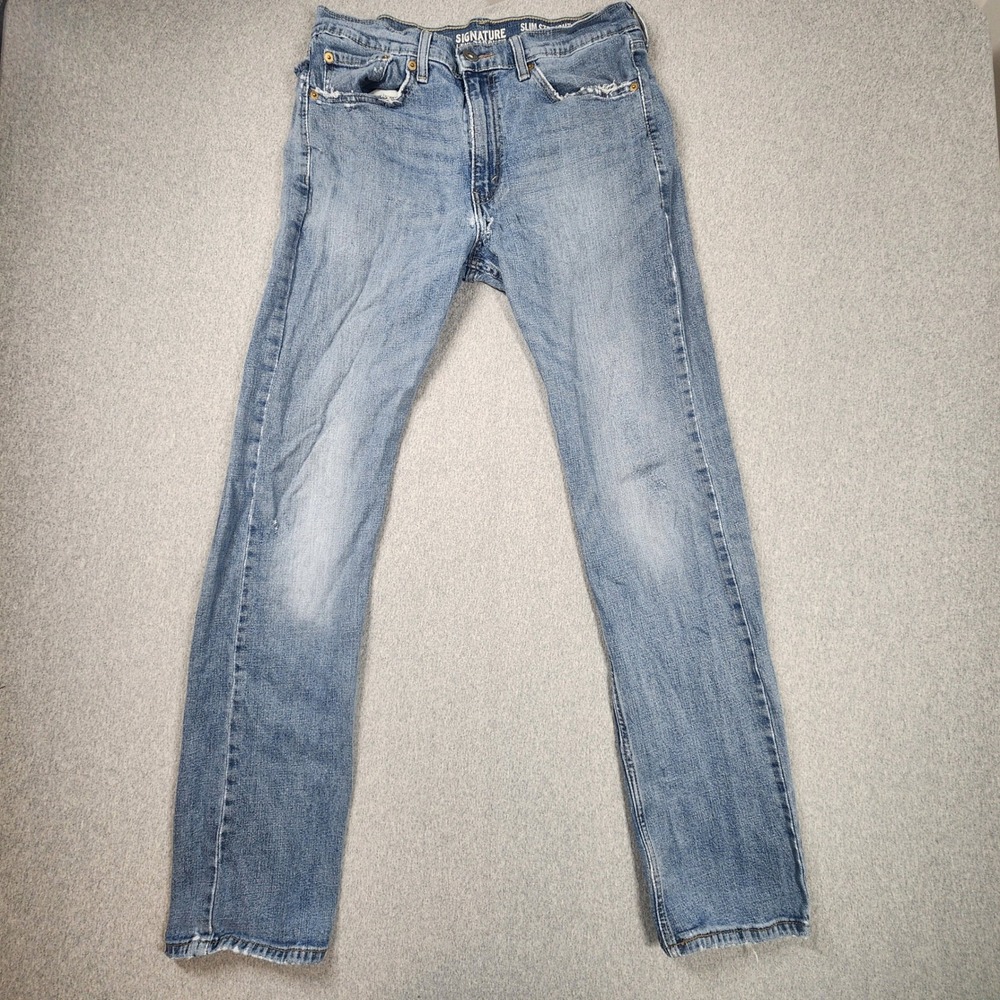 Signature Levi Strauss Slim Straight Jeans Mens 30x32 Blue Fair Distressed